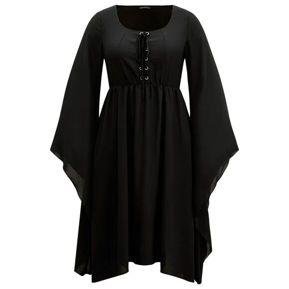 Size 14 - 16 • 1x • BloomChic • Halloween Plain Pocket Lace Up Bell Sleeve Dress - Picture 7 of 7